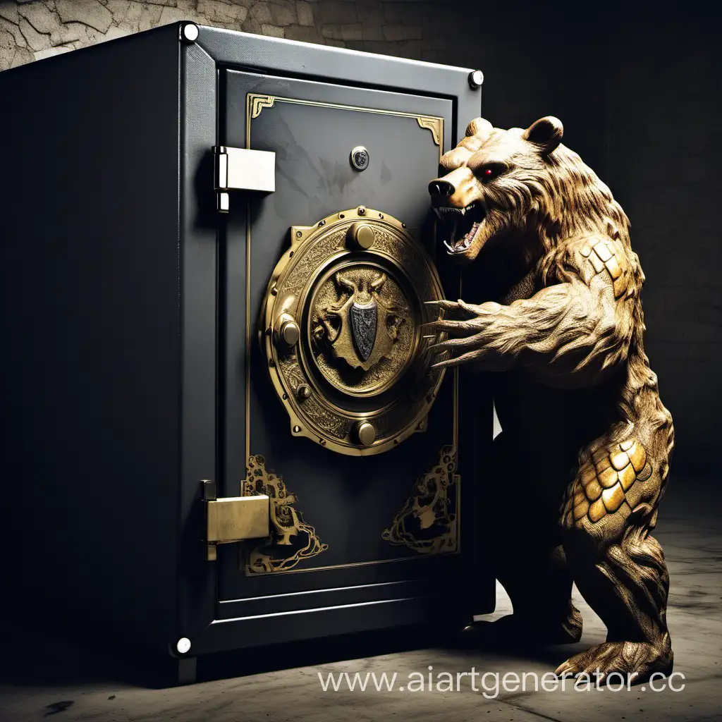 медведь яростно ломает сейф с логотипом дракона