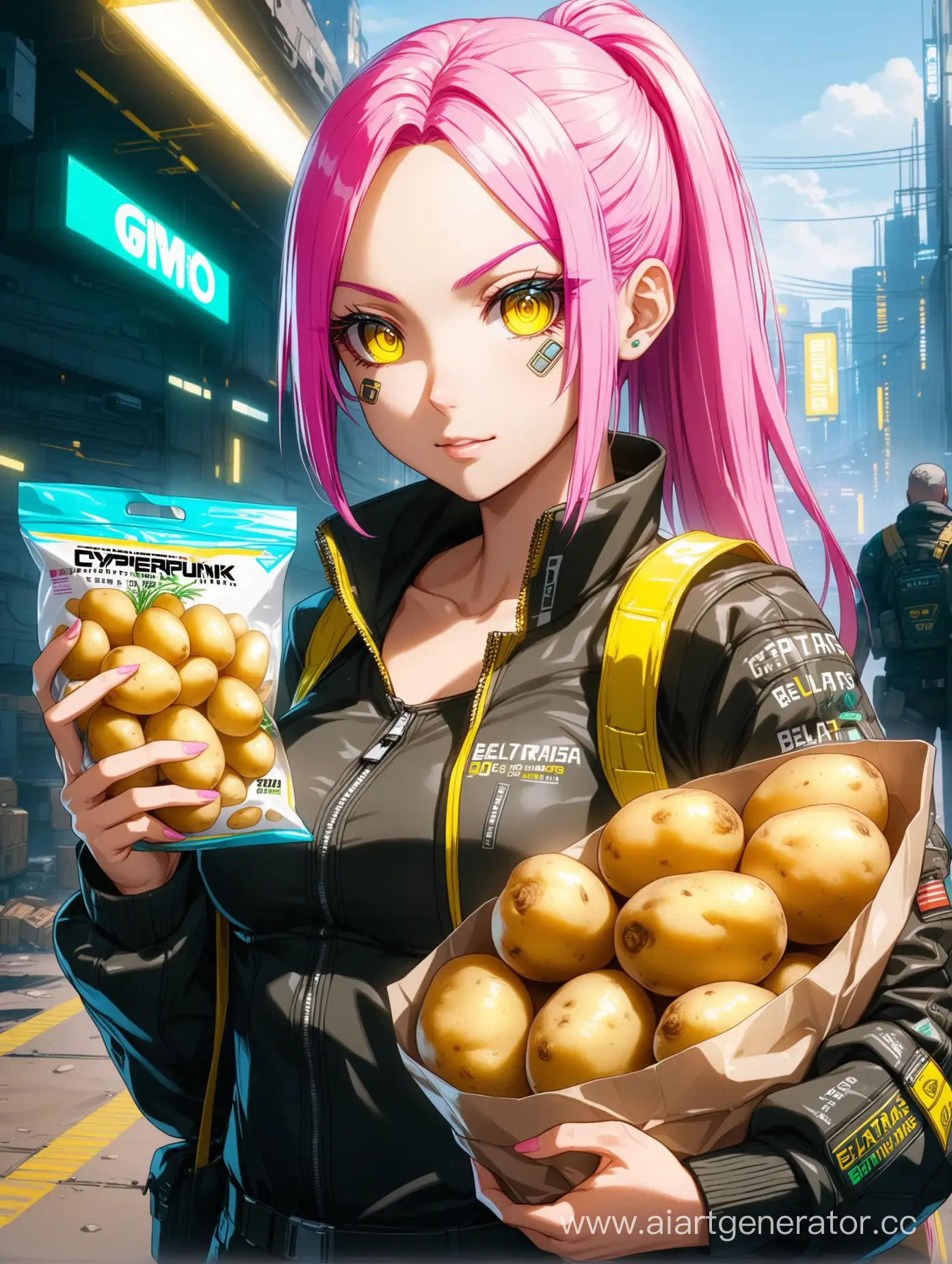 Cyberpunk-2070-Anime-Girl-Holding-BelaTrans-GMO-Potatoes-Bag