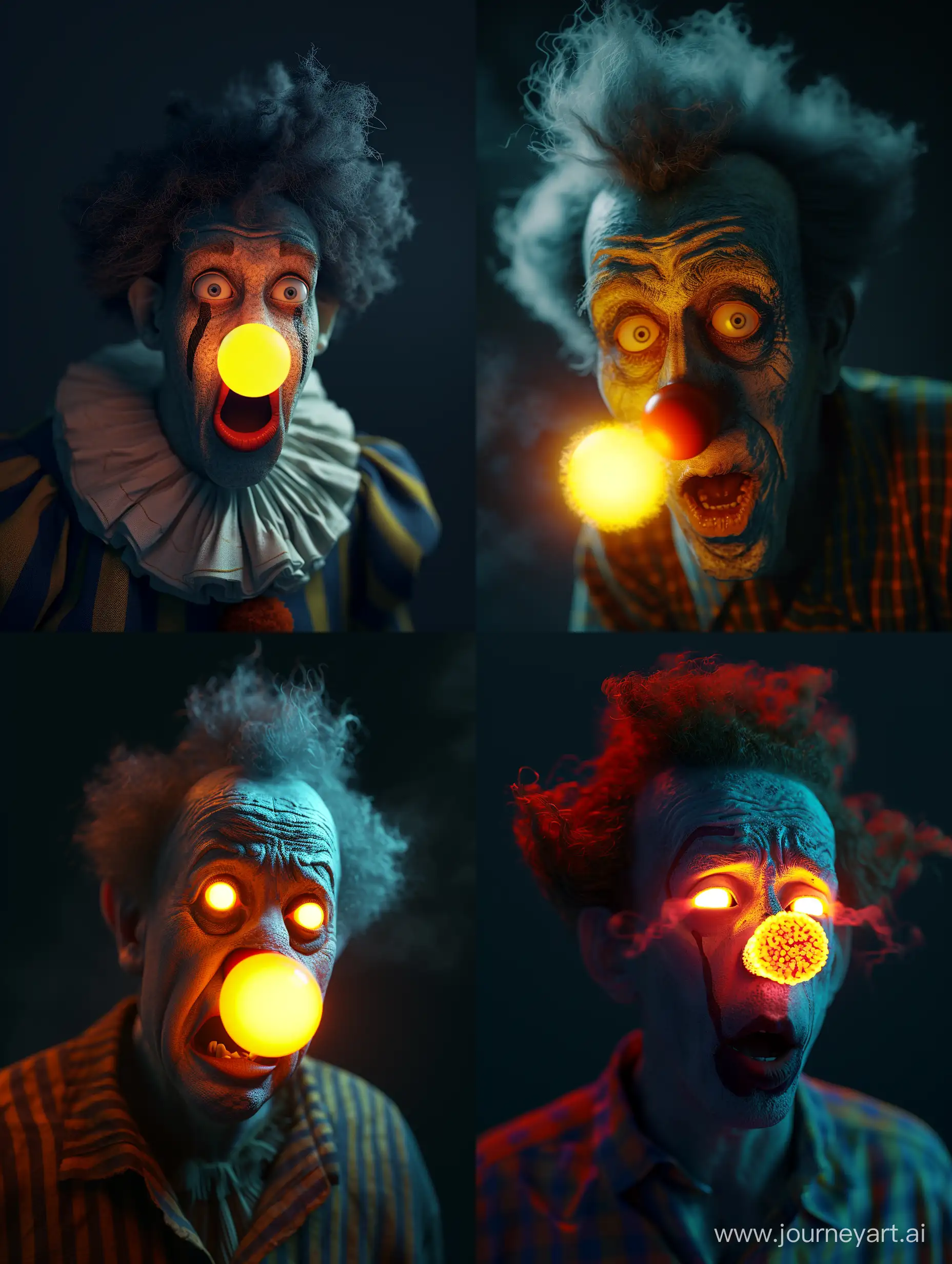 Portrait eines Clowns,mit einer leuchtenden Nase.Er schaut dabei überrascht.Dunkler Hintergrund,8K,3D