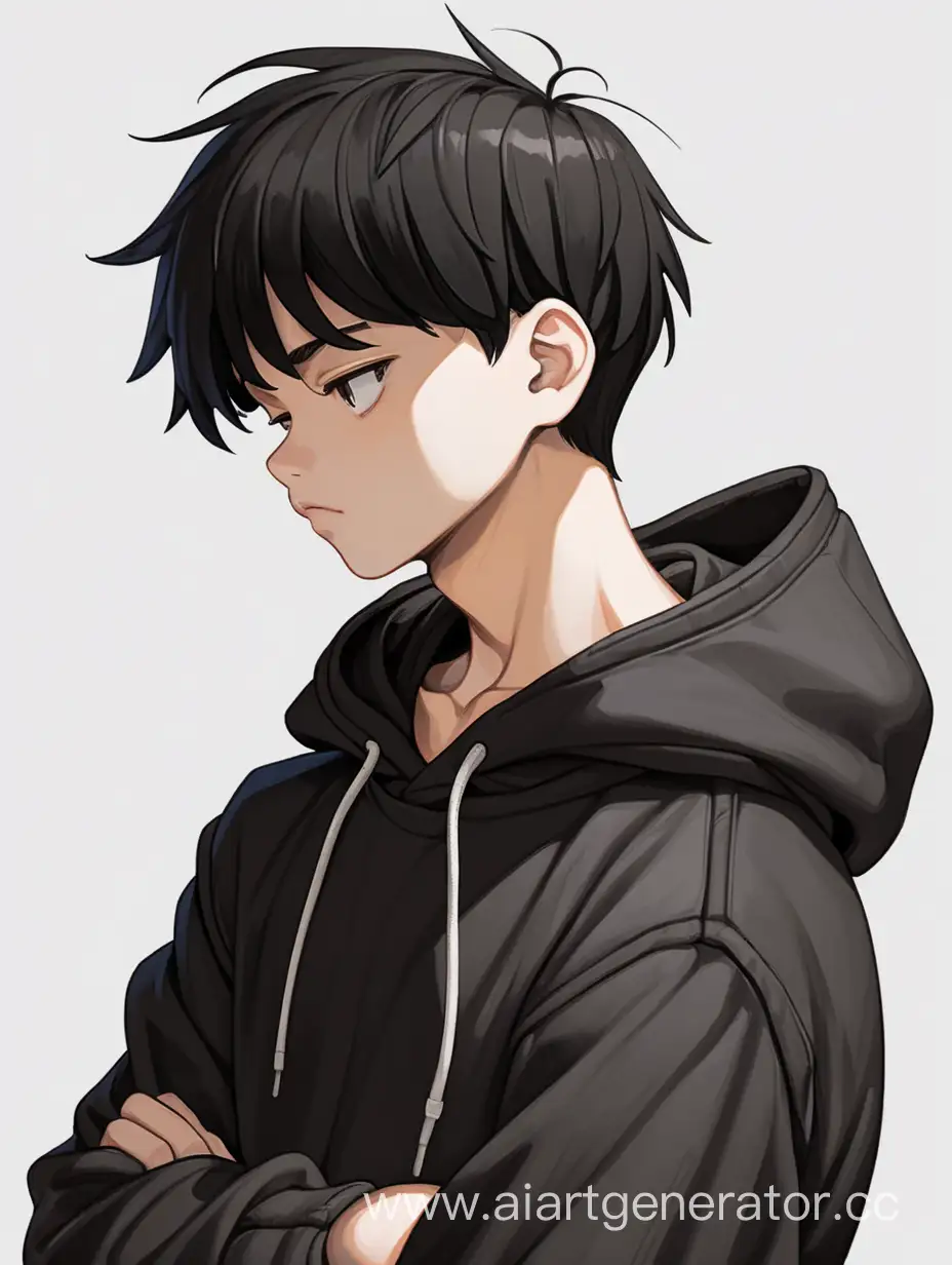 a tired black-haired boy in a black hoodie, white background