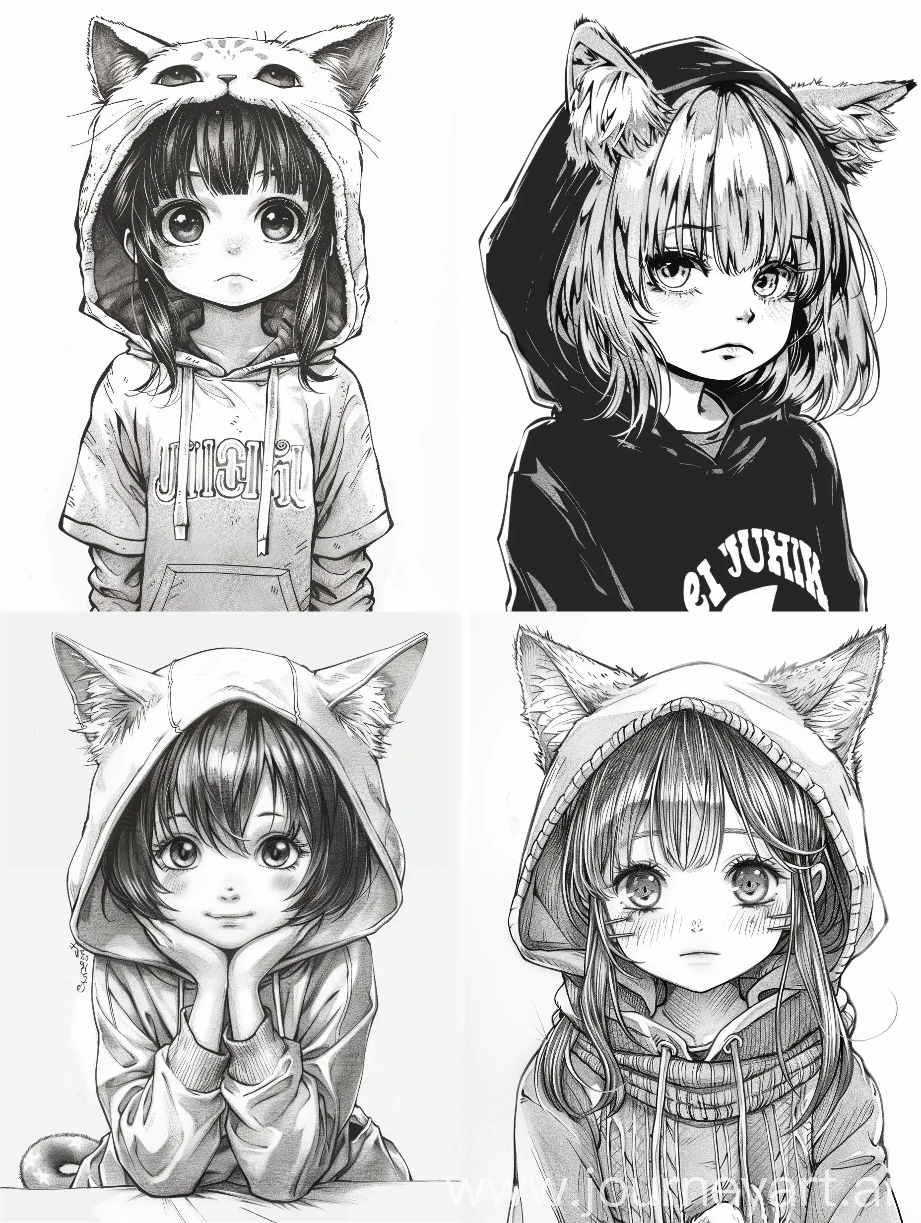 very cute girl 6 years old waring a har with cat ears, manga style like junji ito  but cute, monochrome colors