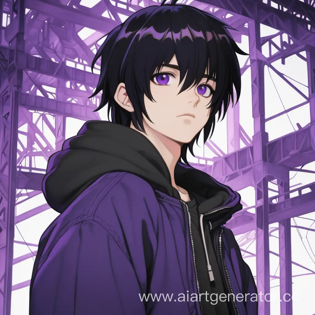 A 16-year-old teenage boy with black hair and purple eyes. Fragile build