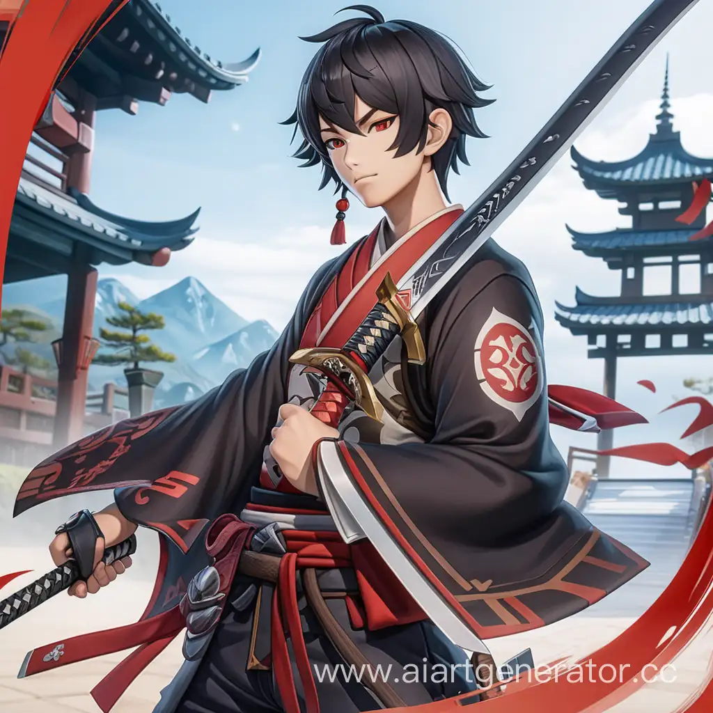 Wanderer which trys to find his place in the world by traveling. Has black short hair with red highlight, has a katana and one short knife. Genshin Impact