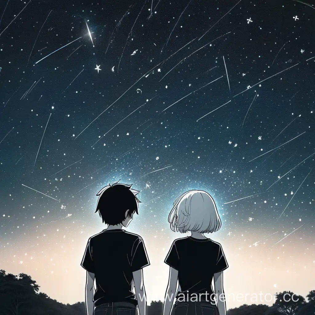 anime style, a guy and a girl look at the night sky with stars, a girl with white hair short hair in a black T-shirt, a guy black hair, black T-shirt, back view