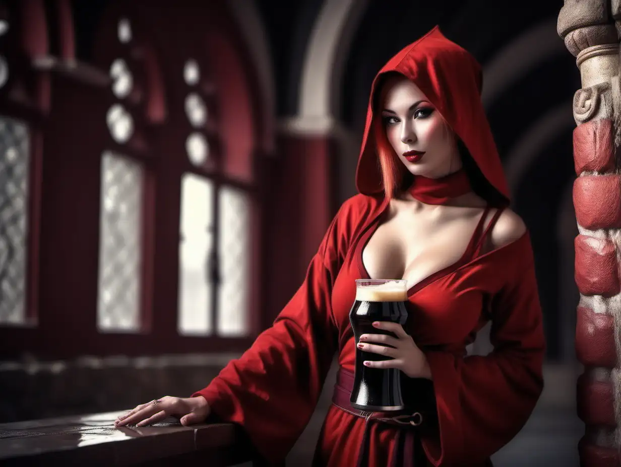fantasy image of female red monk in sexy clothes with a dark beer at a monastery