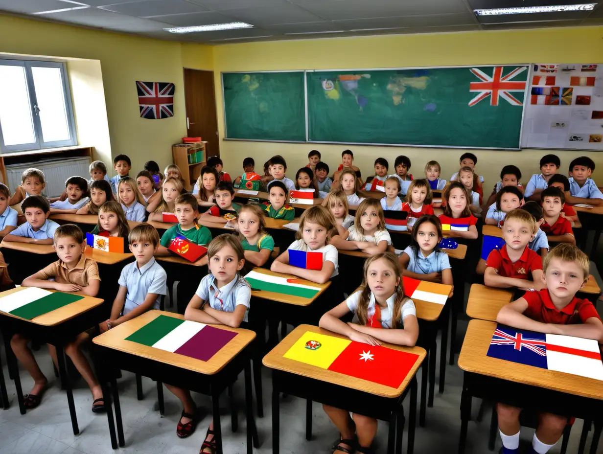 class room full of children and their hads as country flags