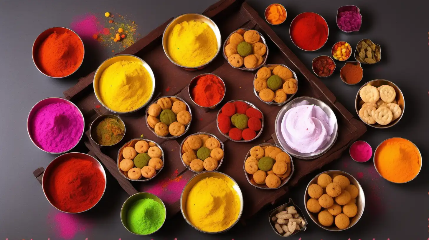 "Craft an image of traditional Holi sweets and snacks, showcasing the delicious treats prepared and shared during the festive season."