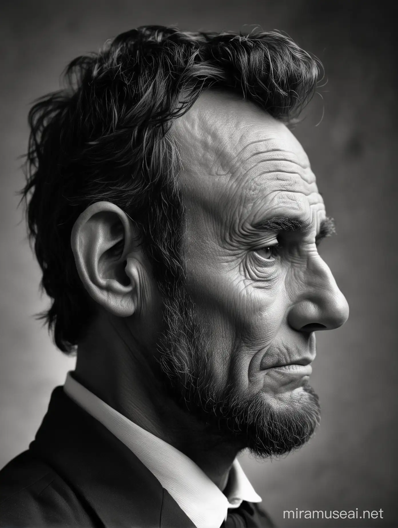 Abraham Lincoln profile in black and white.  A tear is running down his face.