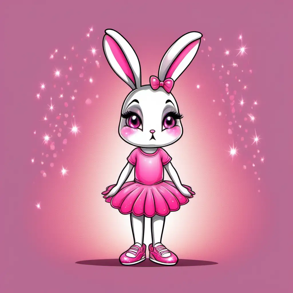 In cartoon style, an image of a beautiful little sad girl bunny rabbit, with a sad, worried look, dressed as a ballerina, her outfit is pink and has glitter on it. head to toe full body, in a standing, wearing a pair of magical, bright, shiny ruby red sneakers, similar to a Loony Tunes cartoon