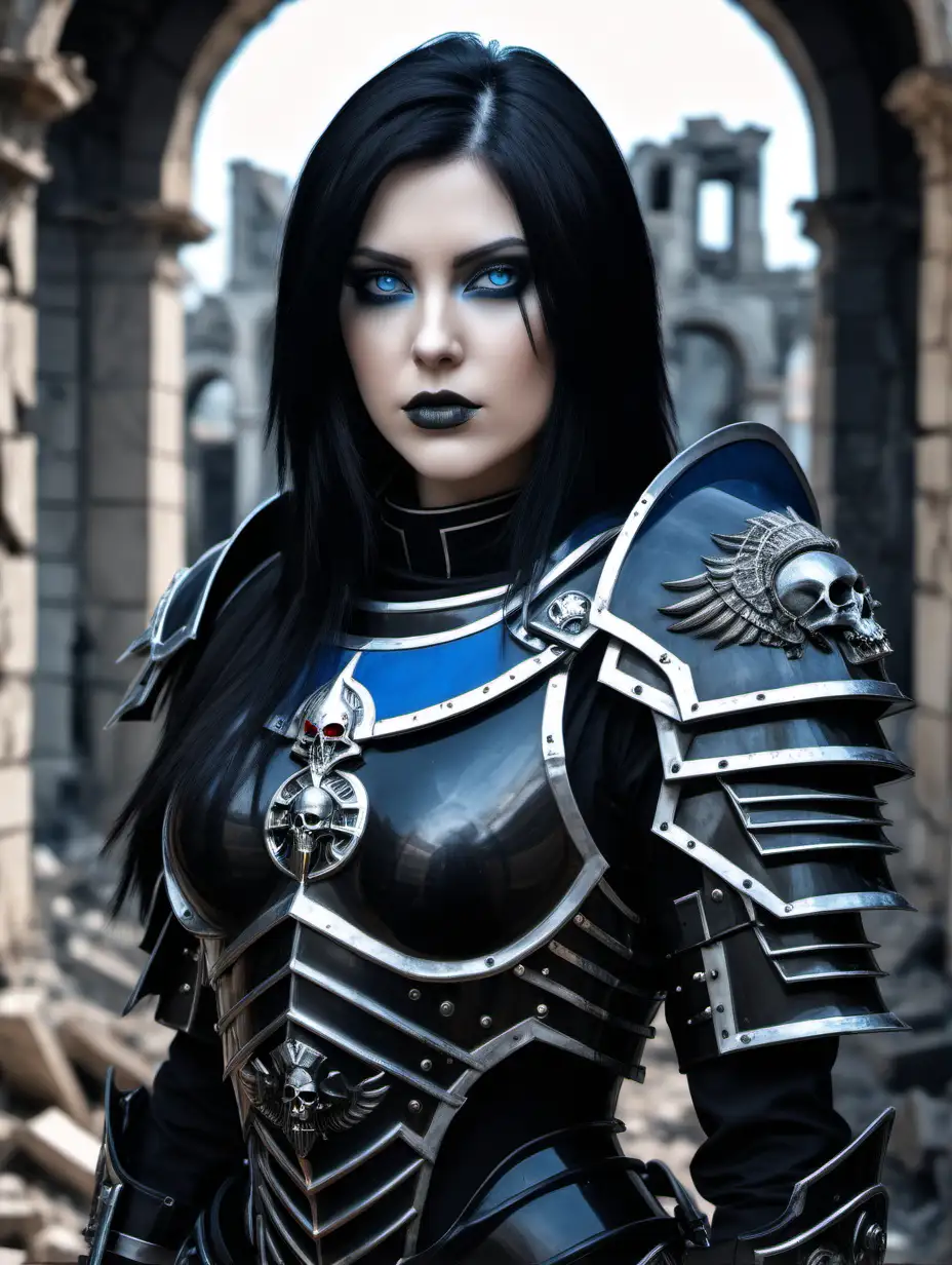 Portrait of a beautiful member of the Adepta Sororitas, wearing black heavy armor with shoulderlength straight jet black hair, blue eyes, standing with ruins in the background of image.