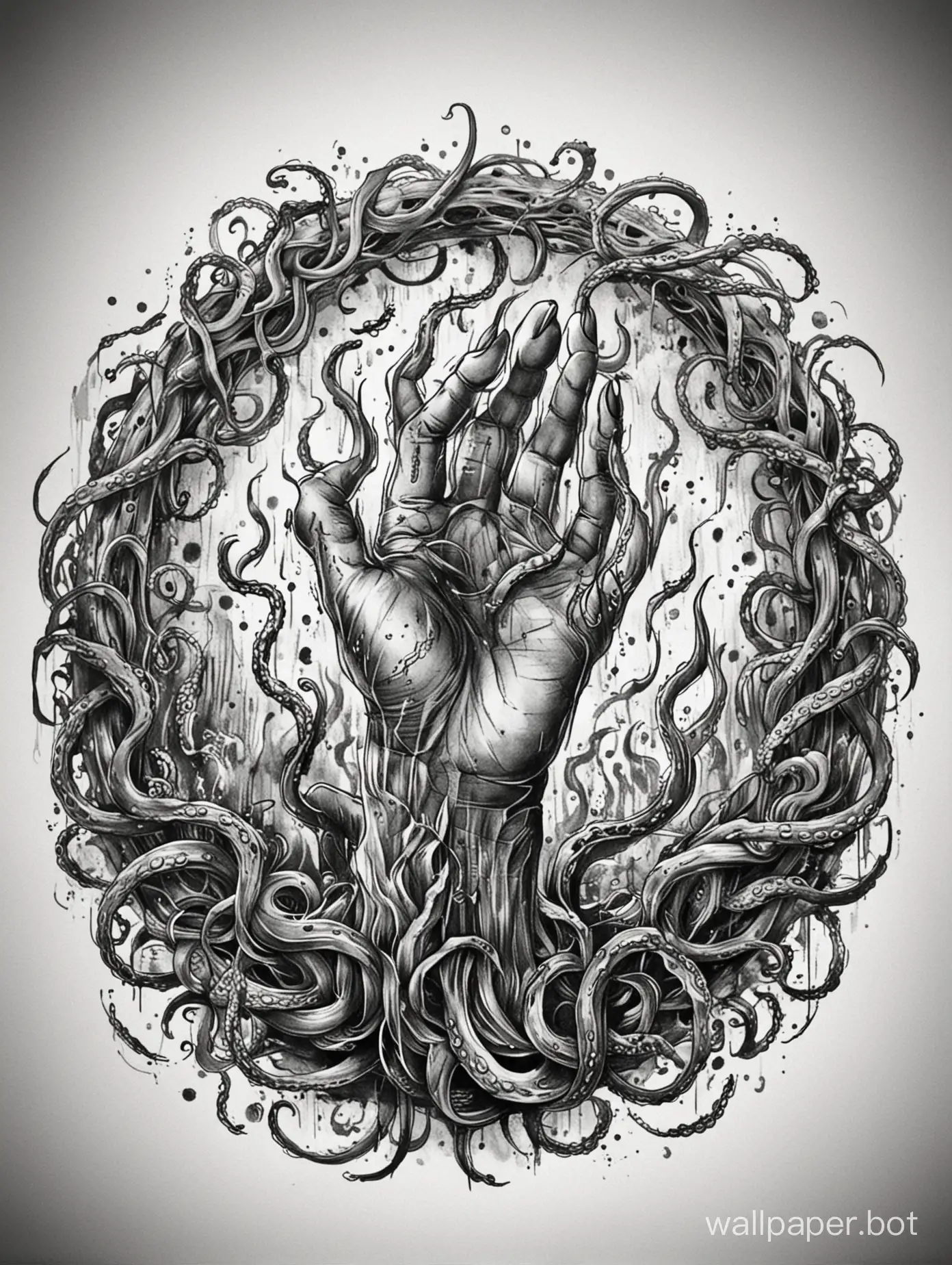 tatto hand template, dark tentacles, sketch black drawing, horror, explosive, chaotic  circular lightning dark tentacles, sketch black drawing, horror, hatch explosive, hatch chaotic, monochromatic, white background