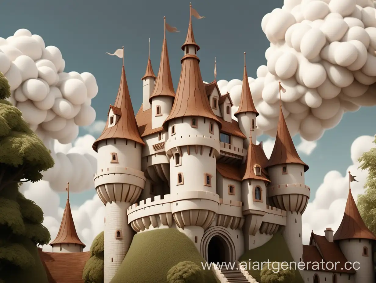 Сказочный замок из белого камня. Крыша замка из коричневой черепицы . Замок в белых сказочных облаках.   
