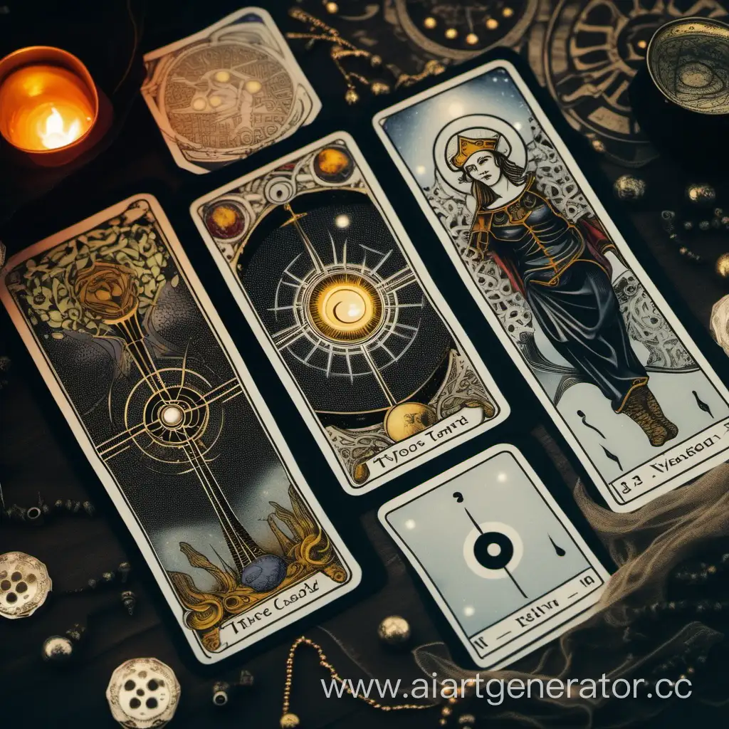 The layout of three tarot cards, top view of the table. A close-up view shows three cards and a tarot drawing on the table. The general style is gloomy, dark, and magical. A mixture of Artificial intelligence, technology, the future and something darkly magical. HD.