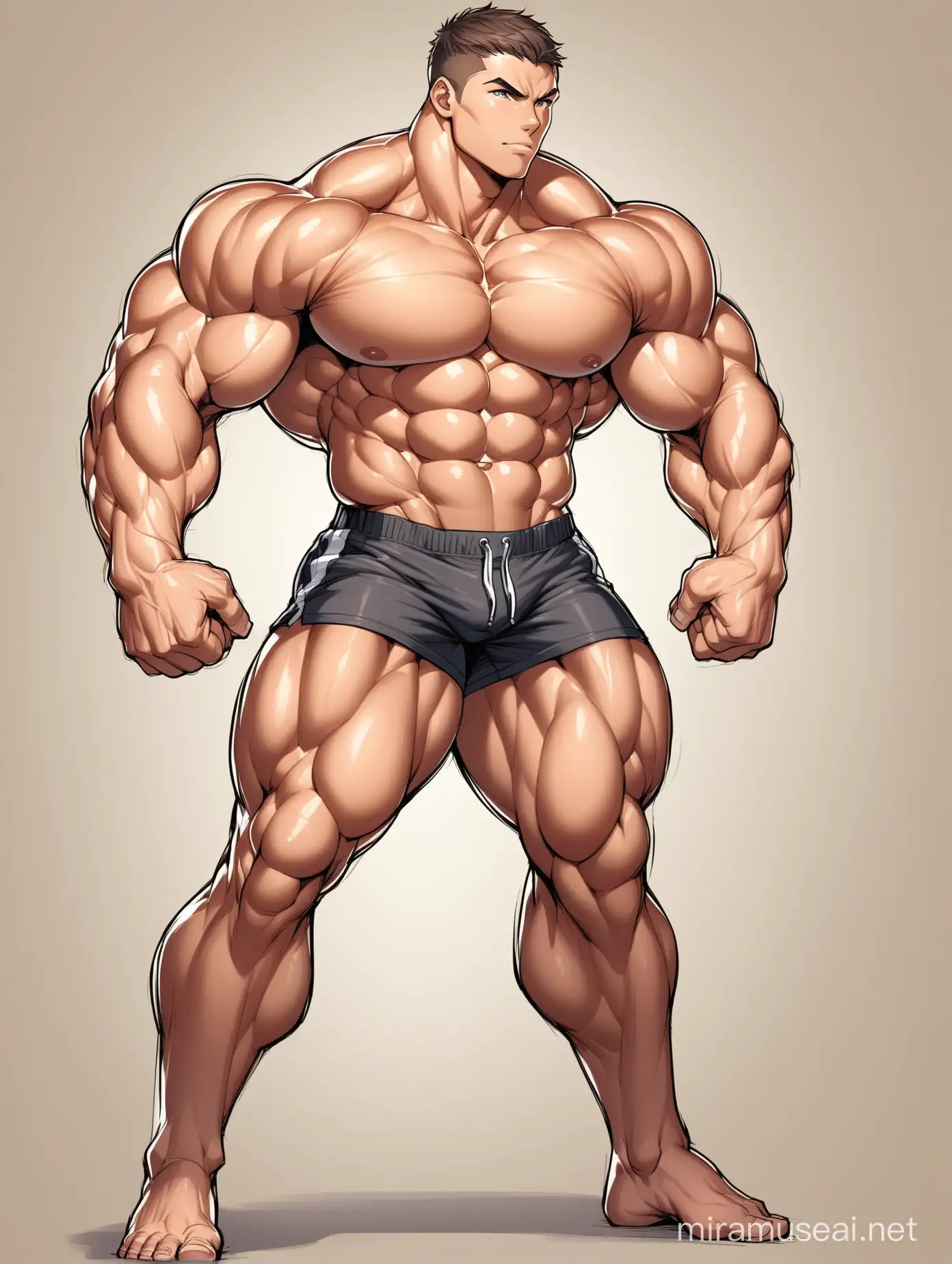 Vibrant Illustration of a Strikingly Muscular Teenage Boy in Stylish Shorts