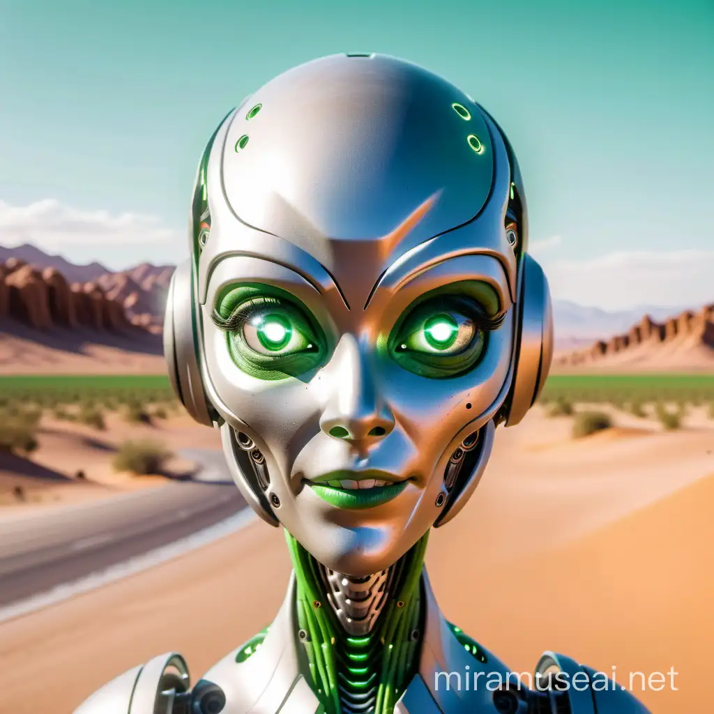 robot robusto con aspecto de alien con el ojo izquierdo caido 
 y sonrisa de plata con fondo en el desierto y piel verde