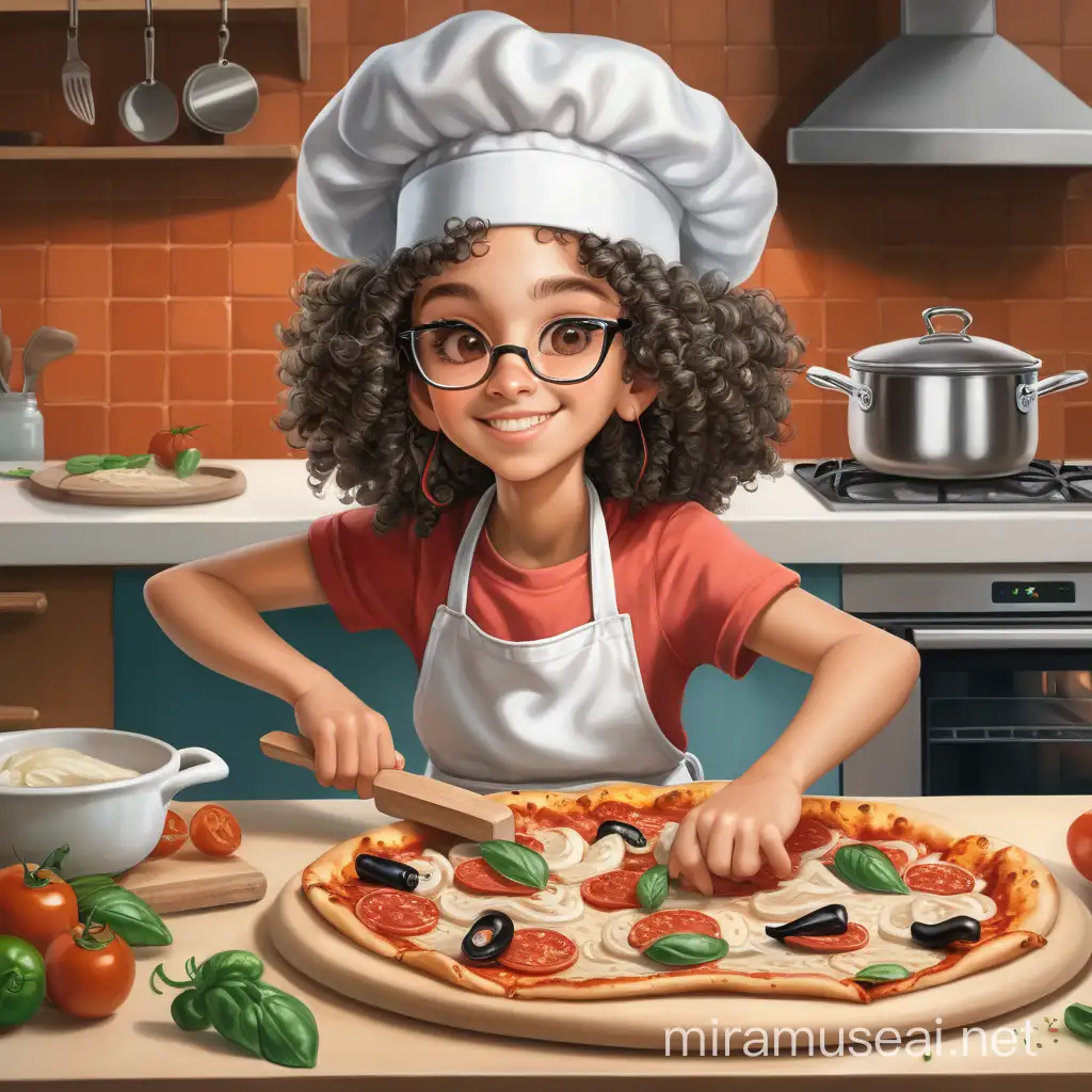 niña con risos cocinando una pizza y con un gorro de chef