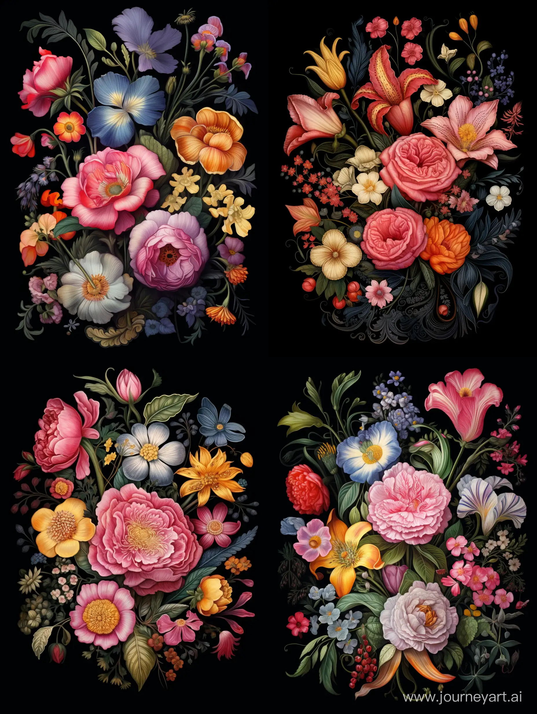 an illustrated painting featuring flowers on a black background, in the style of accurate and detailed, baroque classicism, realistic color palette, embroidery, filippino lippi, graphic illustration, colorful compositions, tattoo design
