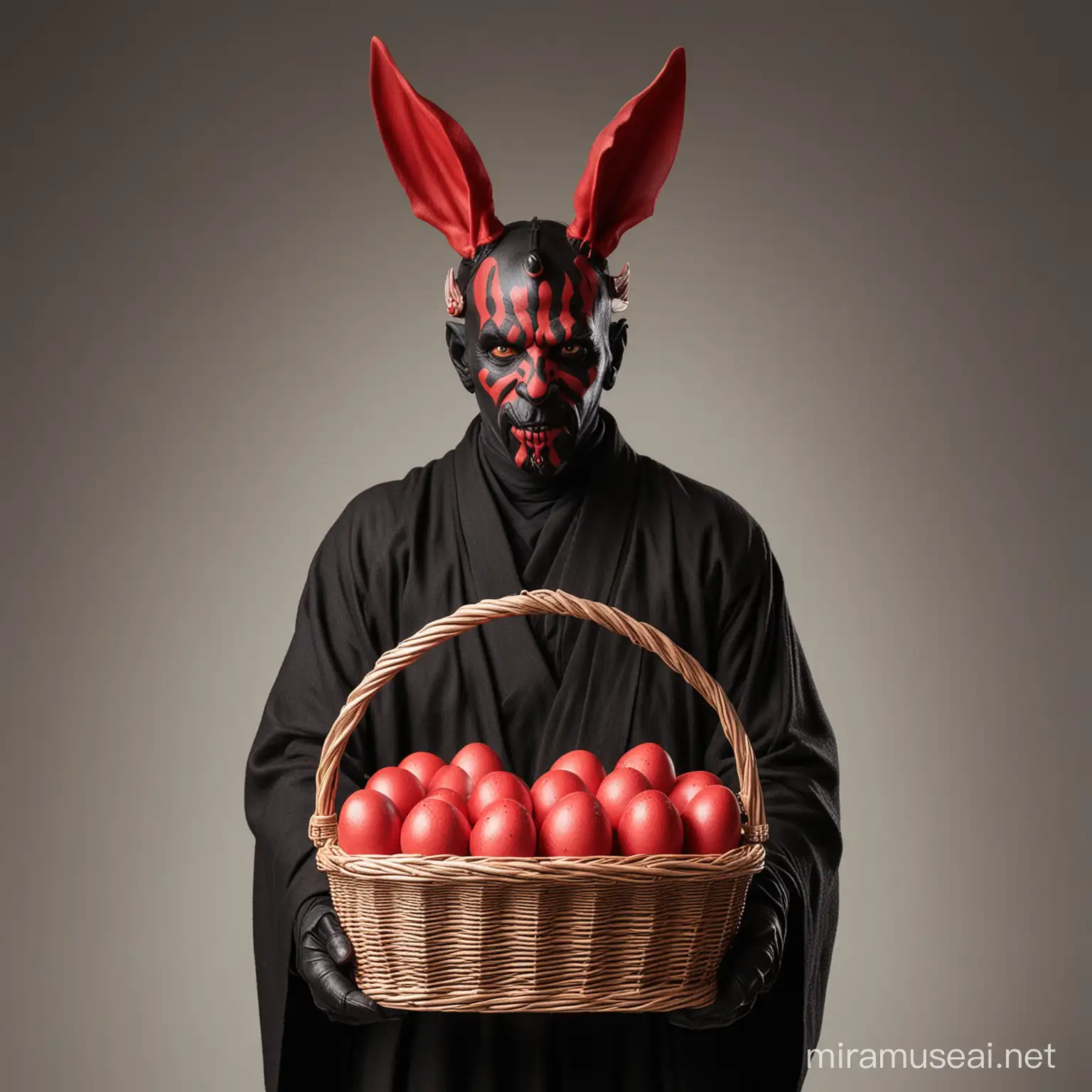 Darth Maul with bunny ears, holding a basket full of red eggs
