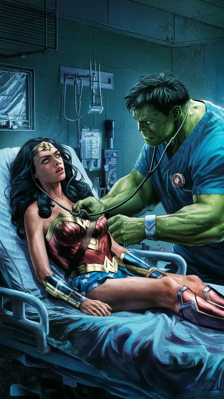 Sick Wonder woman on a hospital bed. Doctor hulk is checking her heart beat with a stethoscope 