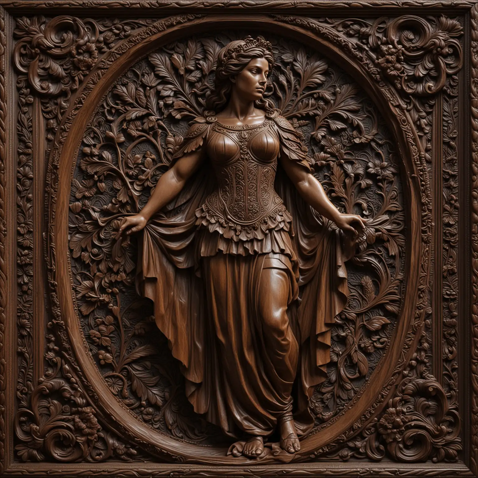 seamless 3d highly detailed and  carved dark wood panel with dark wood ornate frame with the theme of Rita Webb
 as a roman woman full length body




