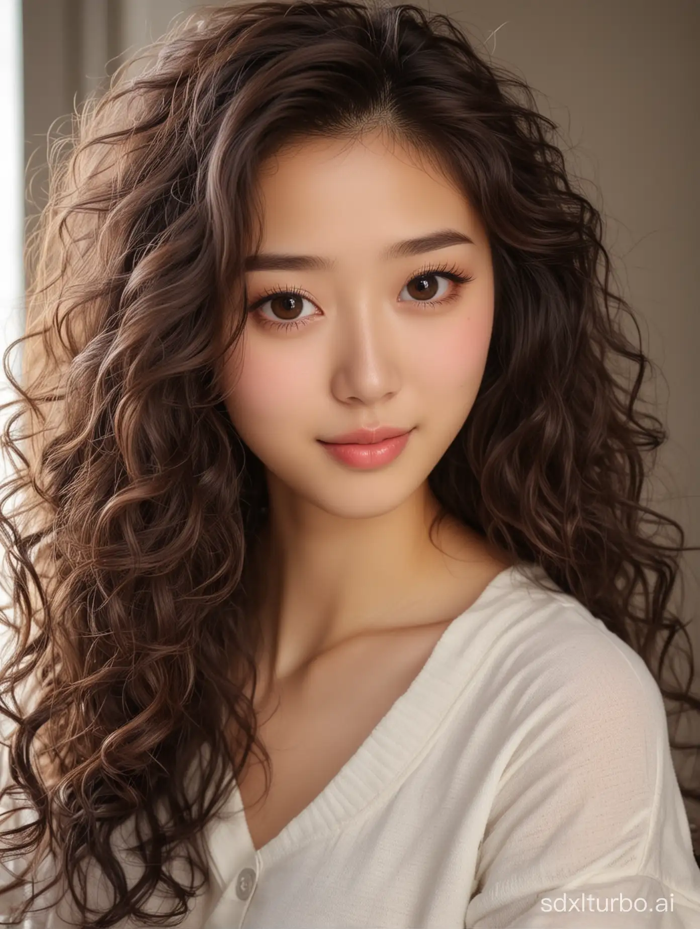 Young Chinese girl, perfect face, shy and dignified, very shy, very excited!! The cutest, cutest face, the most beautiful eyes, a super welcoming smile, eyes very meticulous, eyes looking at the camera, highly meticulous eyes, lifelike, enticingly looking ahead, sexy girl, young, sexy, elegant, long curly hair