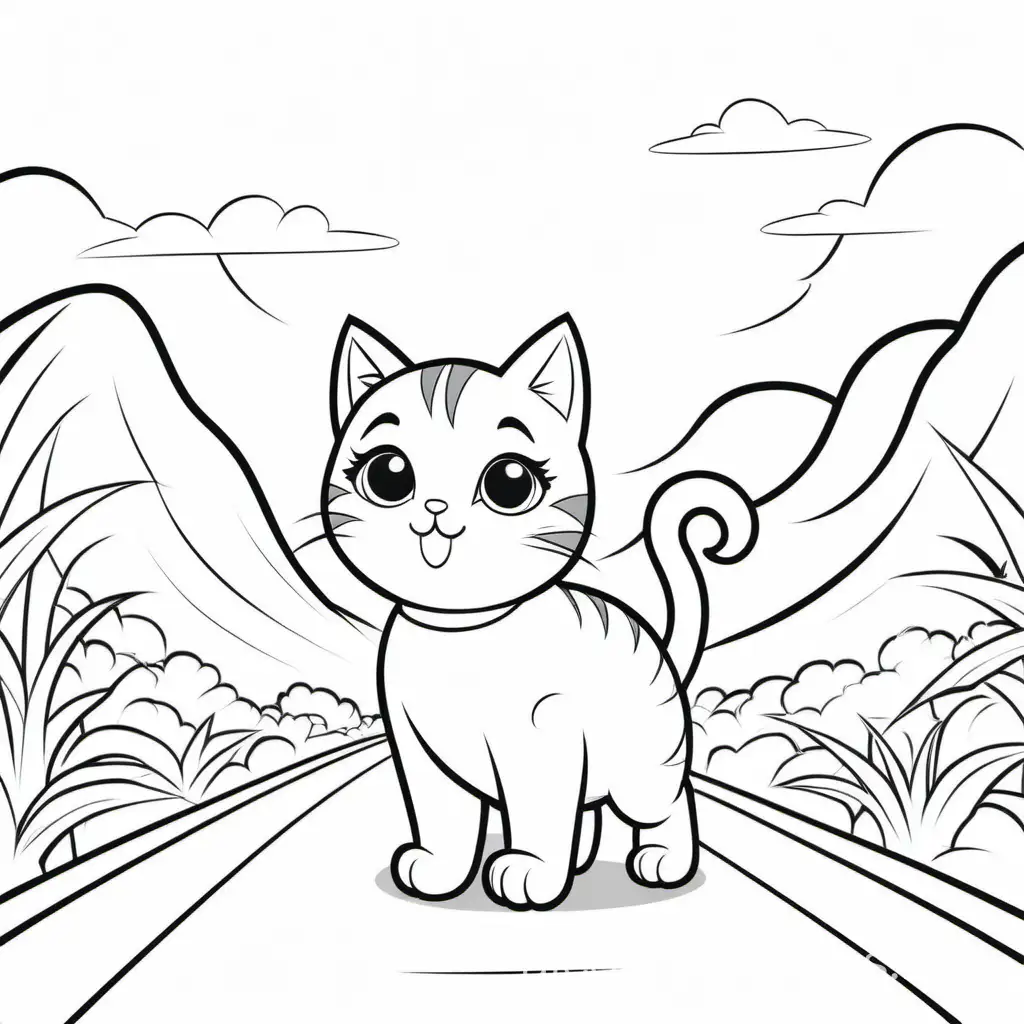 a cute cat on road , Coloring Page, black and white, line art, white background, Simplicity, Ample White Space. The background of the coloring page is plain white to make it easy for young children to color within the lines. The outlines of all the subjects are easy to distinguish, making it simple for kids to color without too much difficulty