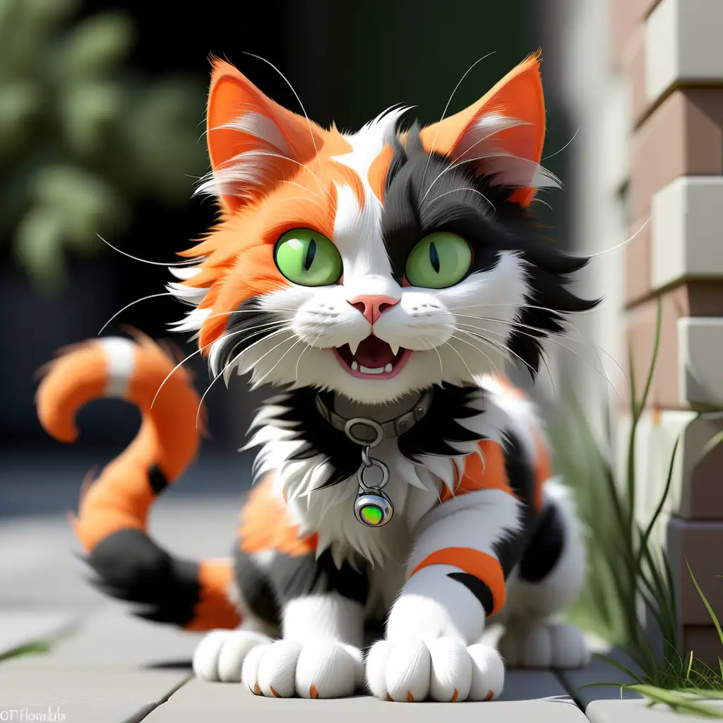 mischievous kitty, fur a whirlwind of orange, black, and white. Patches, the one with the green eyes, is the more adventurous one, always leading the charge into trouble. Patches can leave behind tiny paw prints of different colors wherever she goes, like a walking rainbow.