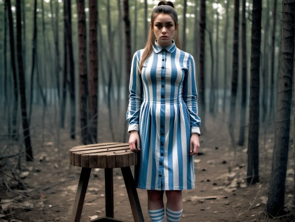 A busty prisoner woman (20 years old, same dress) stands beside a wooden stool in a forrest in worn dirty blue-white vertical wide-striped longsleeve midi-length buttoned sackdress ( short low pony hair, sad and ashamed)
