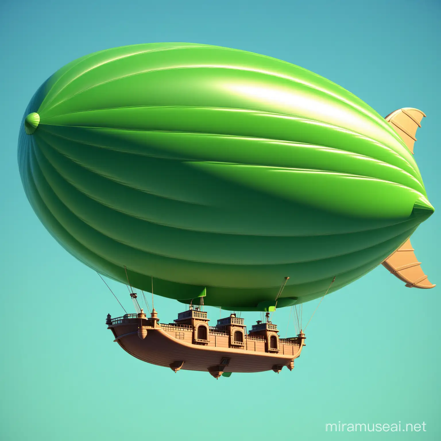 Miniature Green 3D Airship Flying in Surreal Skies