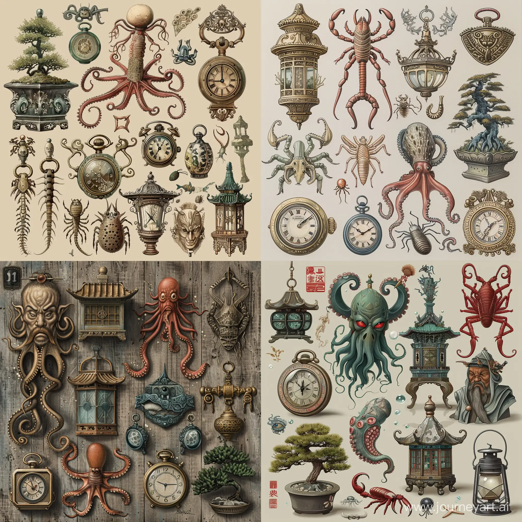 insane detail, deep sea creatures, scropion, centipede, maggots, octopus, squid,  evil god,  myth creatures,  creepy and scary, perfect exact rendering, pocket watch, lantern,  bonsai, perfect exact rendering, embellished and intricate architectural ornamentations, many china and japan artifacts