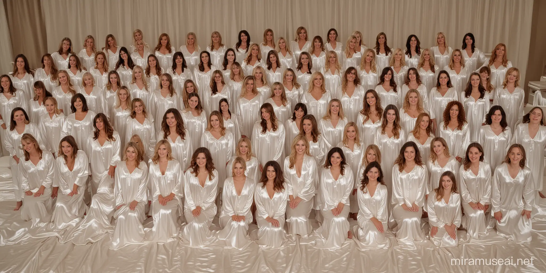 Elegant Gathering of Women in Creamy White Satin Nightgowns on Satin Bed