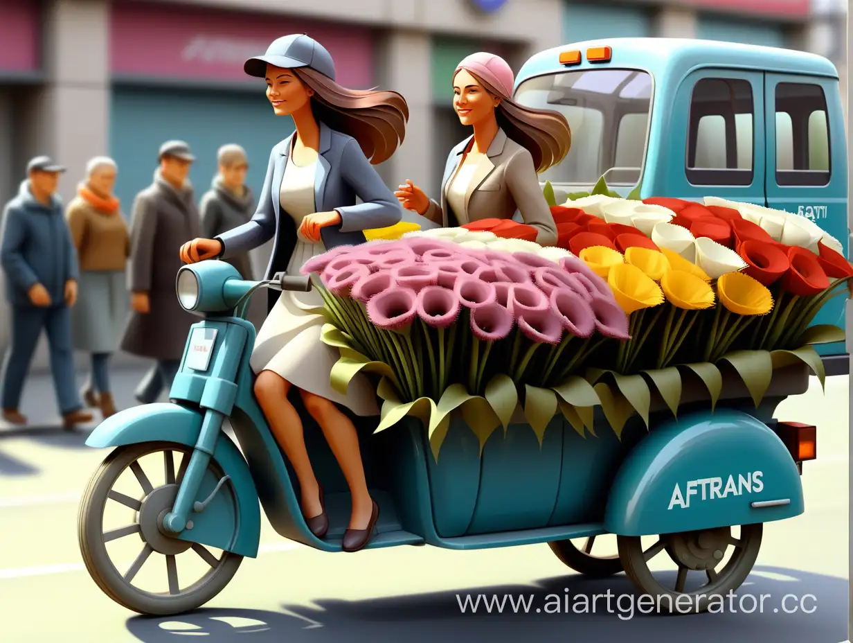 транспорт везет цветы на женский день,  надпись "AFTRANS", реализм, цвет #244984