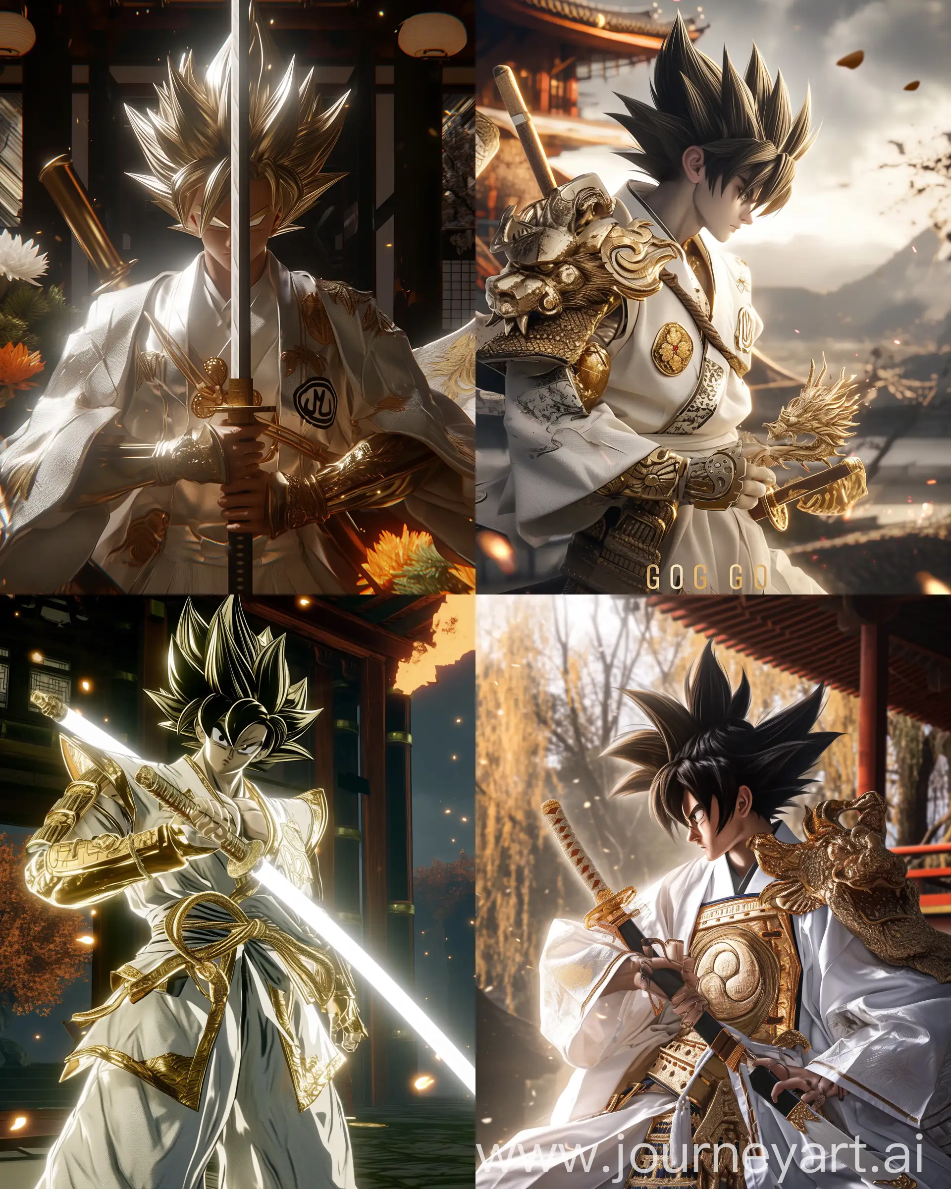 there is a Goku in a white gold samurai blended with ancient style suit holding a samurai sowrd, Goku samurai, inspired by Kanō Hōgai, he is still Goku from dragon ball world --ar 4:5 --niji --style raw