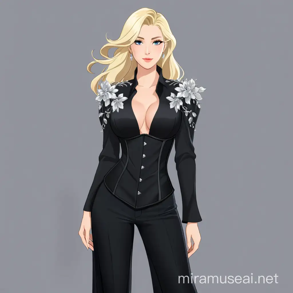 Full body animated blond woman wearing a formal black overbust corset pantsuit with long flowy sleeves and silver flowers on the shoulders