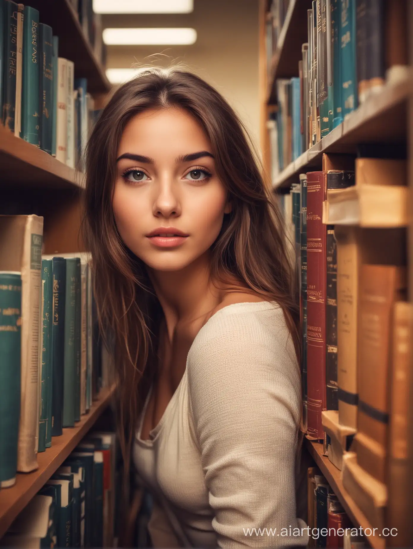 Красивая девушка в библиотеке, смотрит через книги