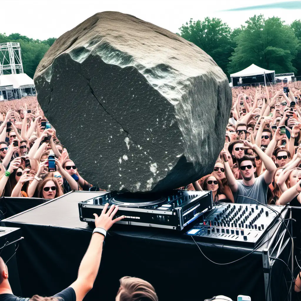 a large rock, DJing to a large crowd