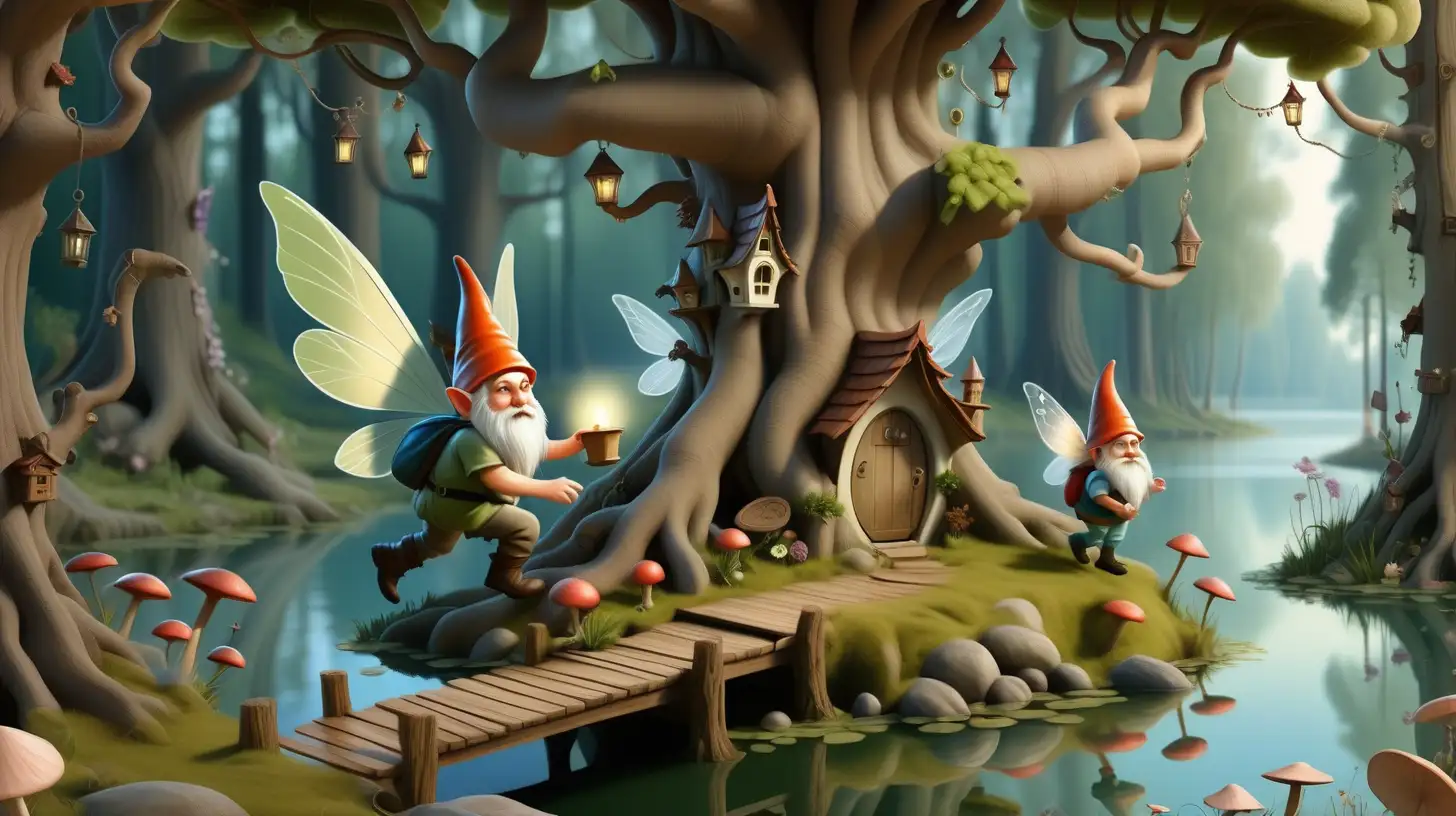 Enchanting Forest Scene with Fairies Gnomes and Winged Creatures