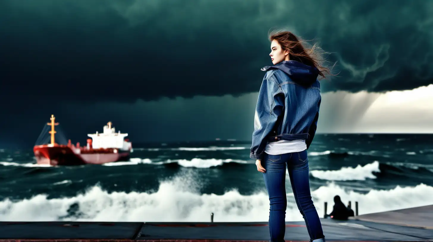 real_photo_beauty_girl jacket jeans pants alone watching ships entering in port front sea in storm horizon ships near rain wind big waves

