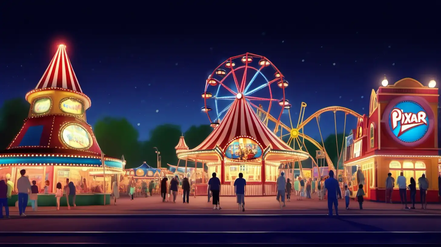 pixar style amusement park side view at night no text 