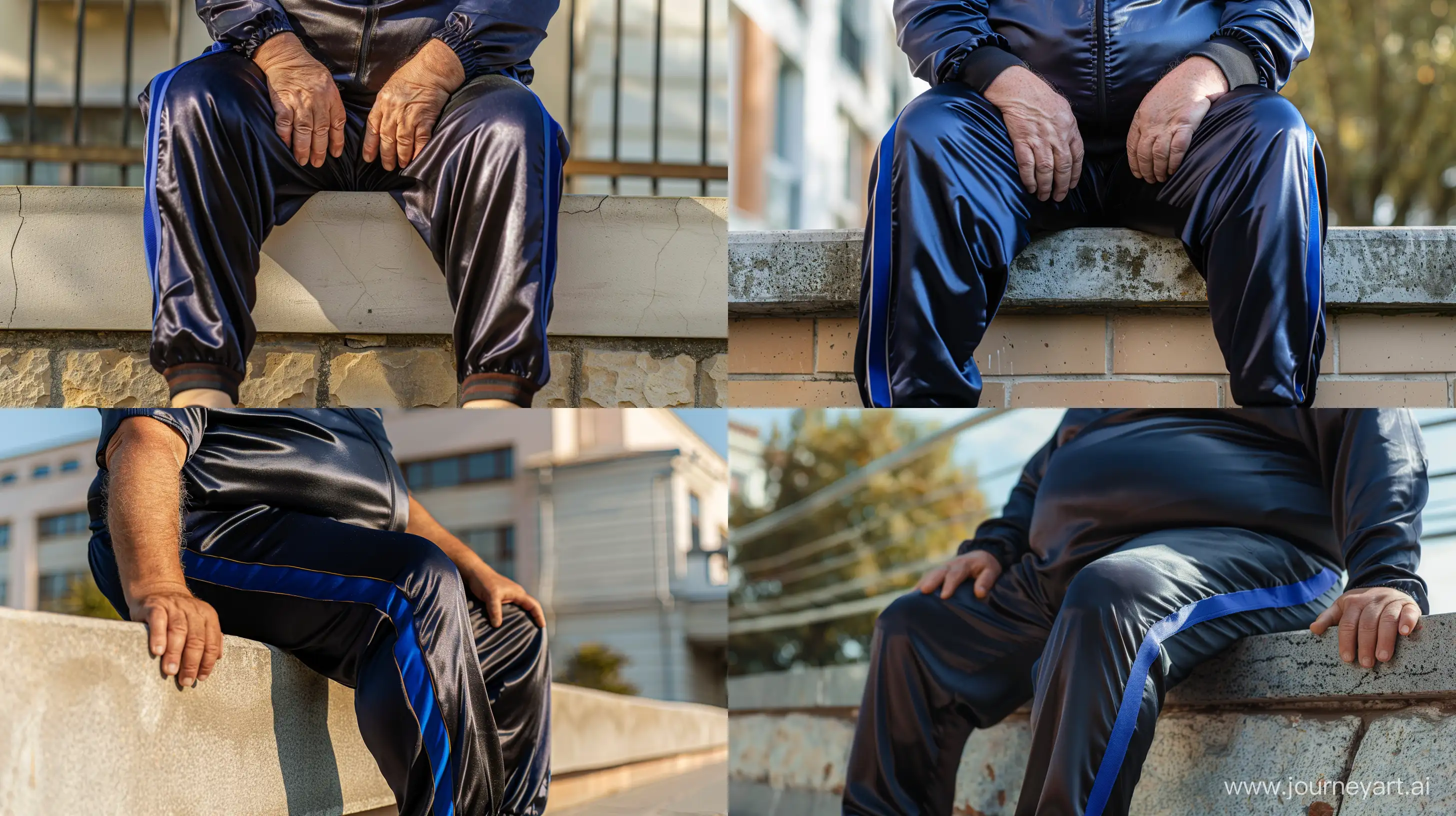 Front view close-up photo of a very fat man aged 60 wearing silk royal navy tracksuit pants with royal blue stripe on the leg. Sitting on the edge of a wall outside. Hands on the wall. --style raw --ar 16:9