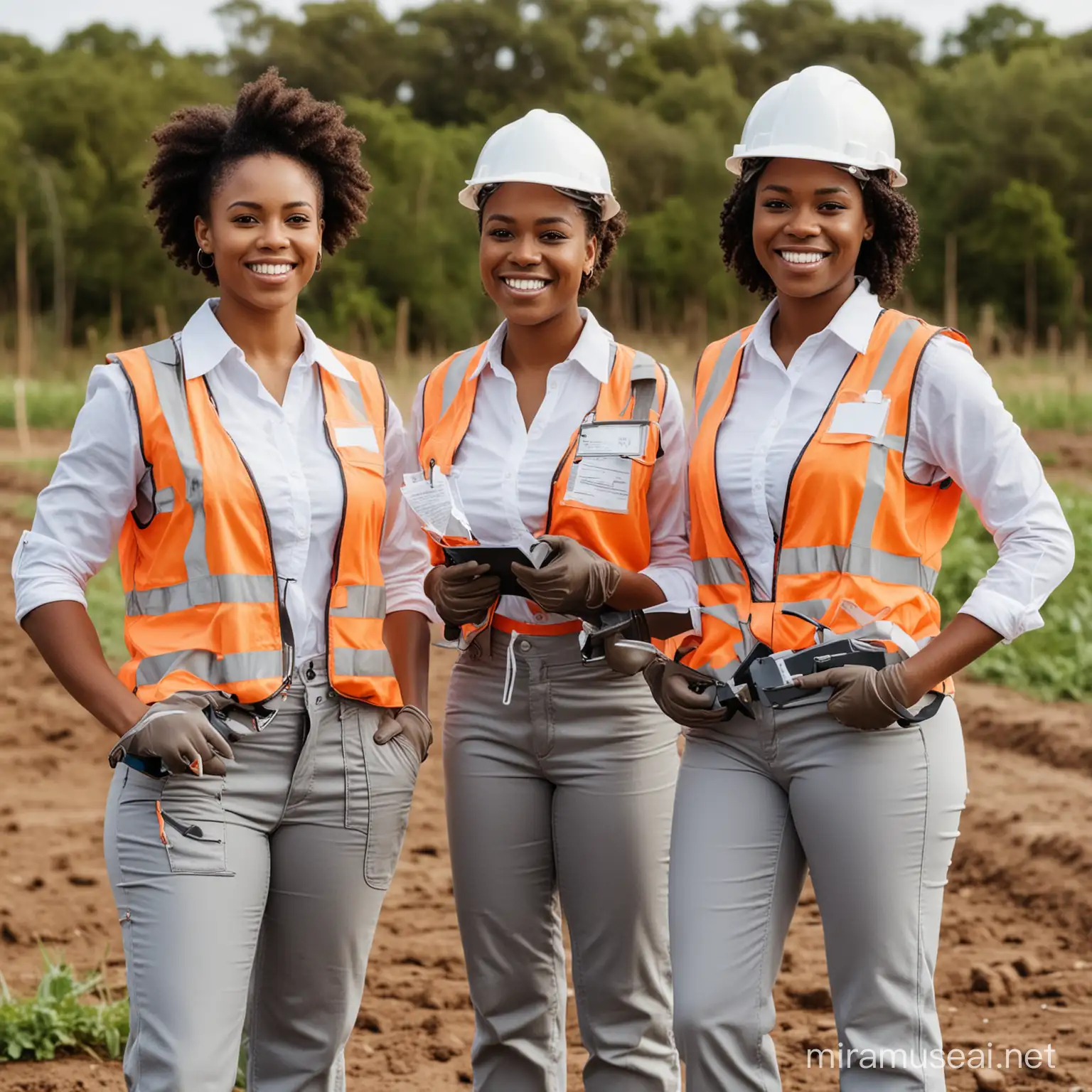 Portrait de 2 belles techniciennes géomètre-topographe afroaméricaine portant les EPI et souriante avec les instruments de mesure sur une parcelle