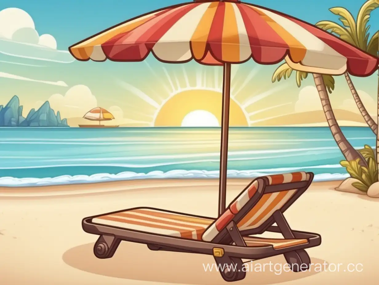 Cartoon-Beach-Scene-with-Sun-Lounger-on-Tropical-Island