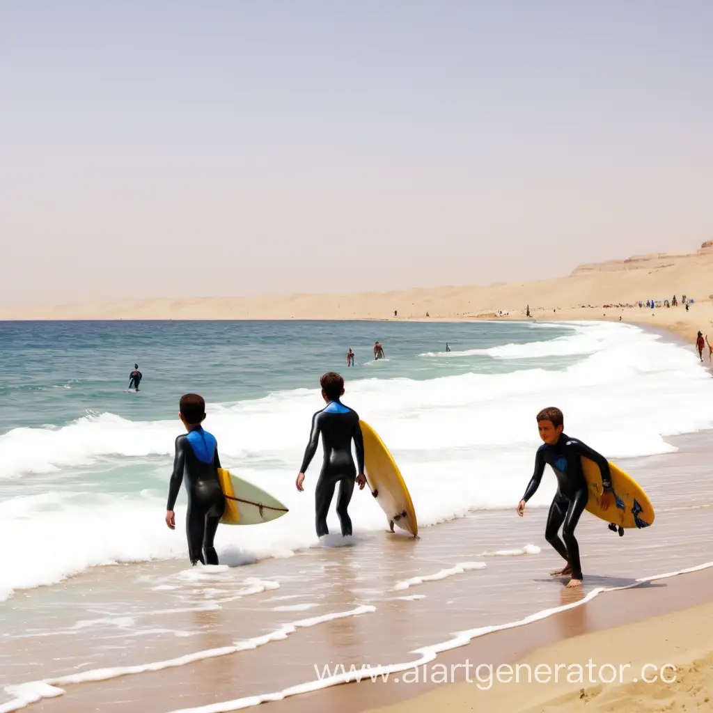 Man, woman and boy surfing near the shore of a sandy beach in Egypt