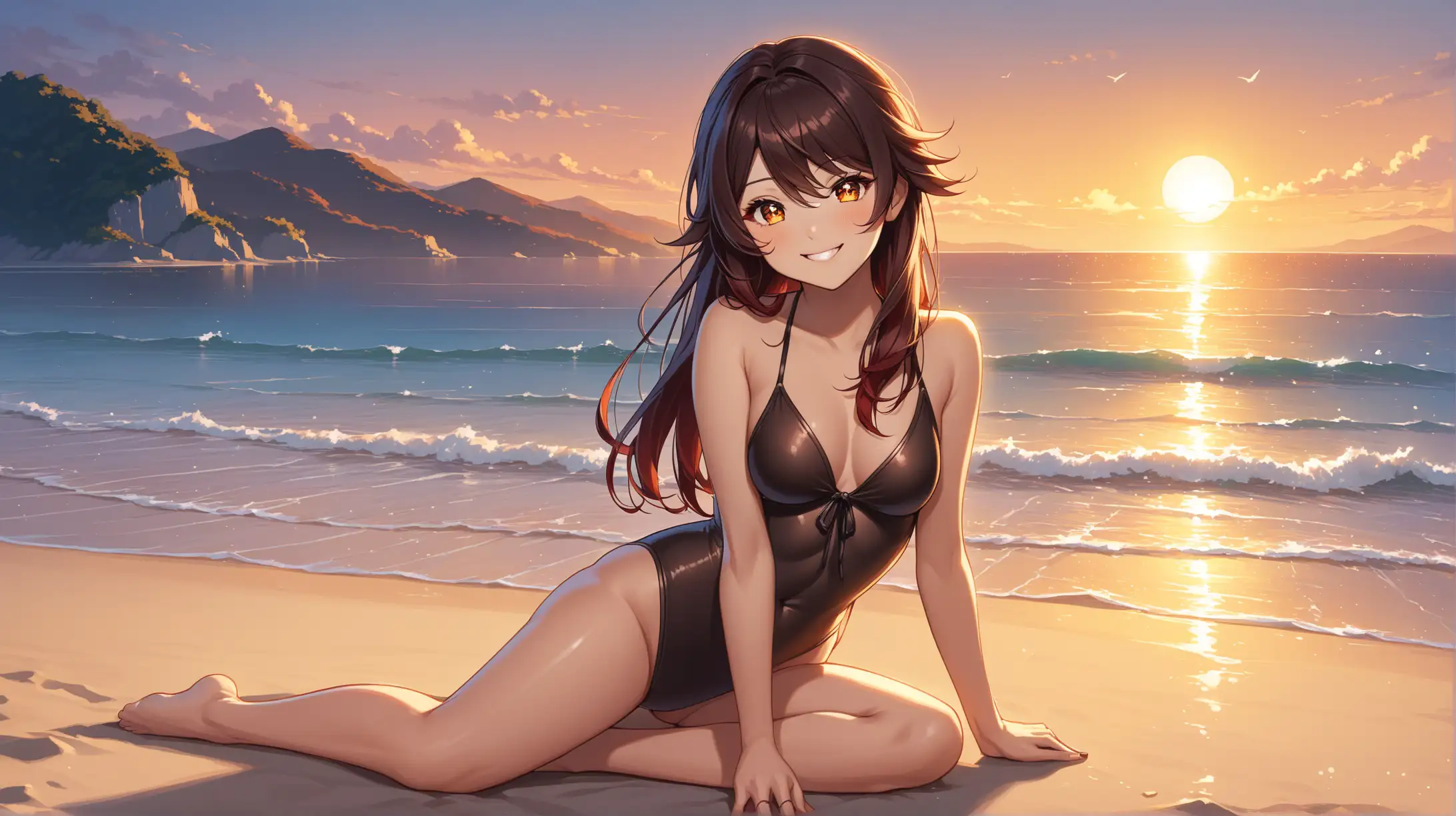 Draw the character Hu Tao, sitting in a striking pose, alone on a beach, in the evening, wearing a swimsuit, smiling at the viewer