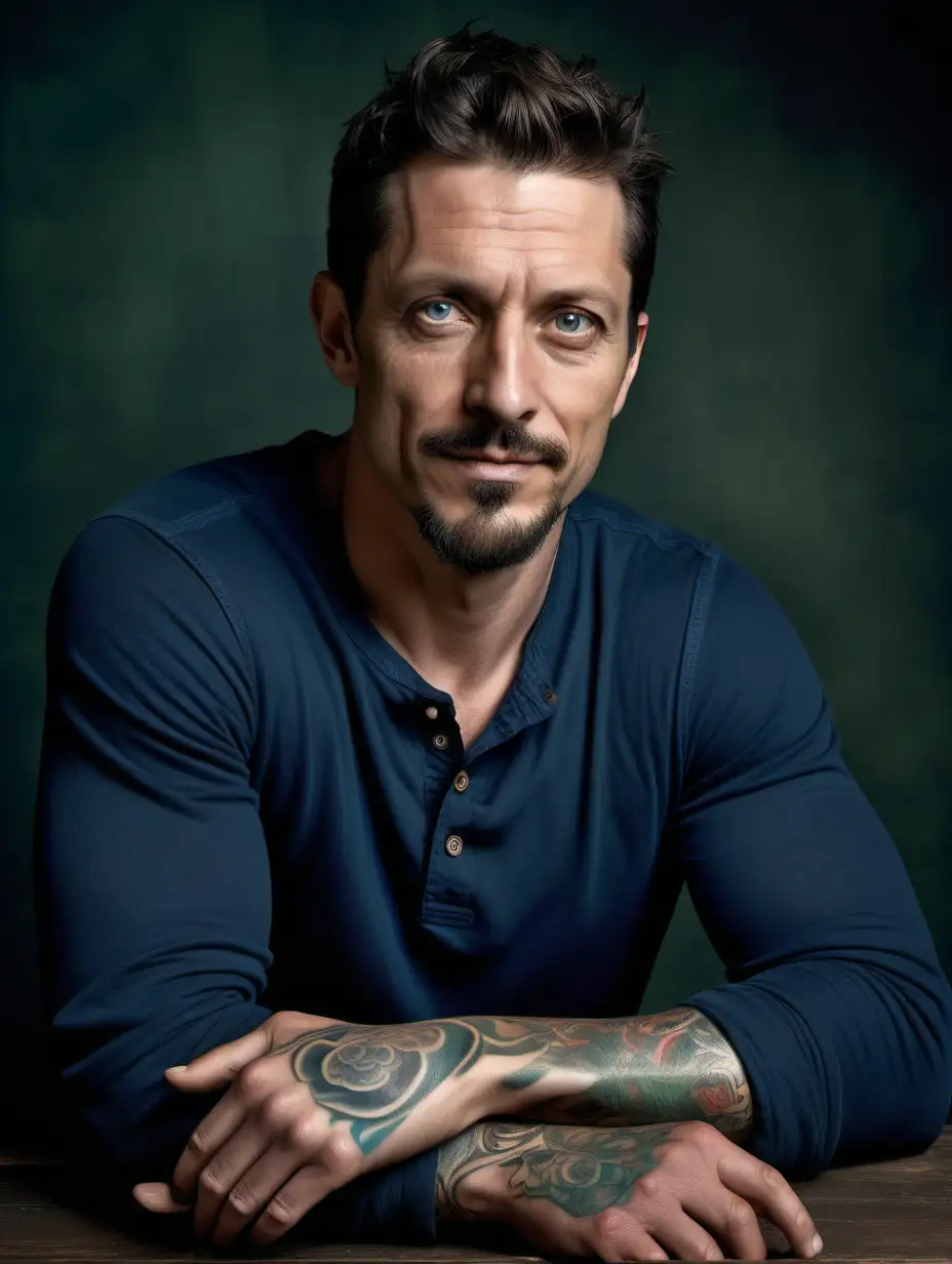 create a color photographic portrait of an intriguing man in his mid-thirties who is of german ethnicity, short to medium length dark hair, muscular build, blue eyes, stubble facial hair, sleeve tattoo, closed lip smile, wearing a navy-colored unbuttoned long-sleeve henley shirt on a dark green background sitting with his elbows on an old wooden table and looking nonchalant. make it look like one of Irving Penn's photographs.