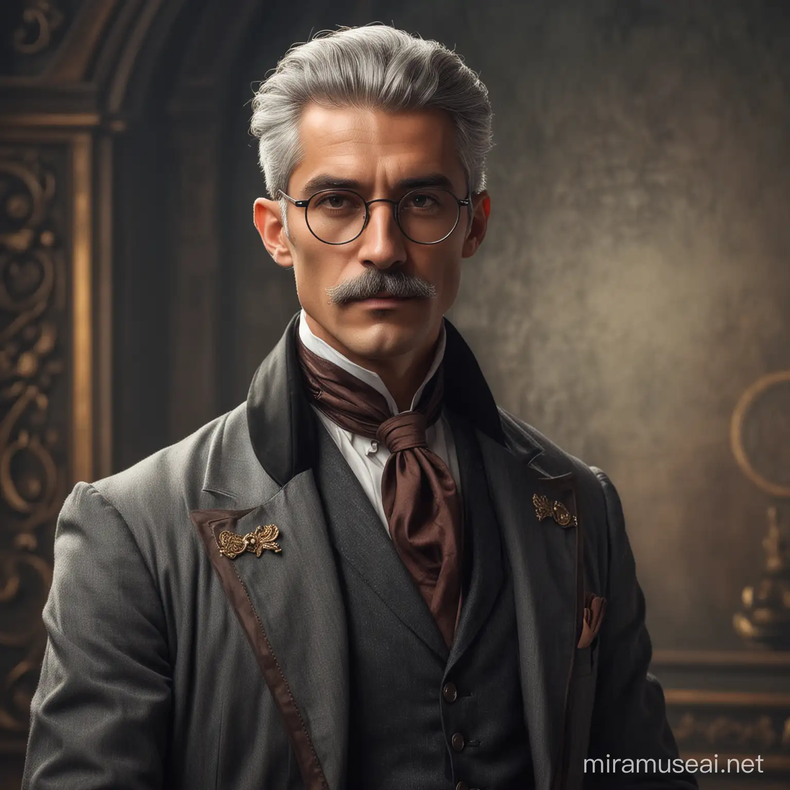 grey hair, round glasses, gentlemen, tall and slender, tanned skin, moustaches, sharp ear, fantasy nobleman attire