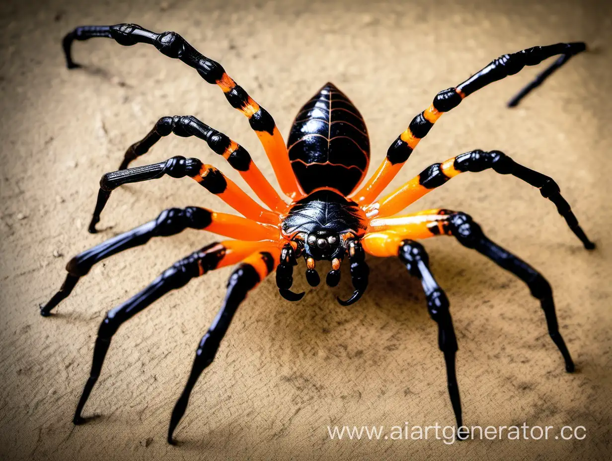 Giant spider, orange and black, scorpion tail