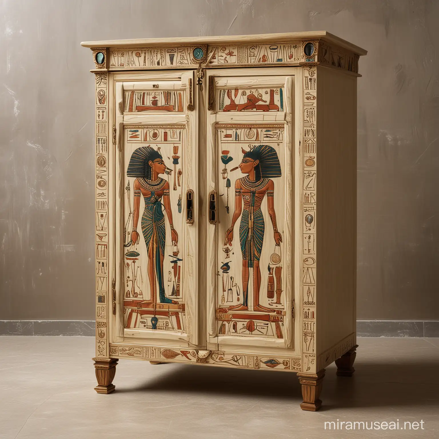 
A cupboard inspired by ancient Egyptian Pharaonic furniture, with legs in the shape of the key of life and handles as well