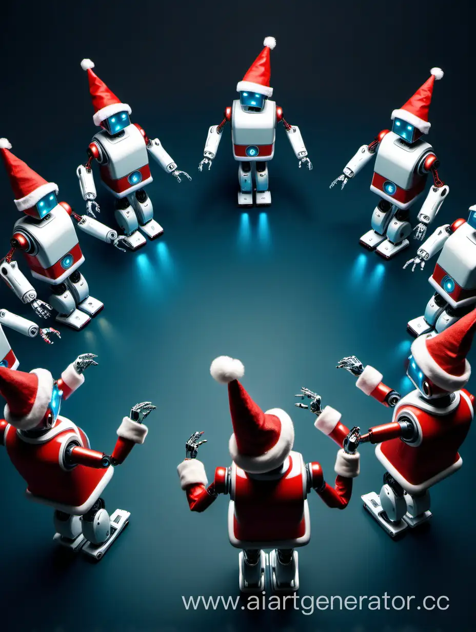 Cheerful-Robotic-Revelry-Dancing-Robots-in-Santa-Claus-Hats