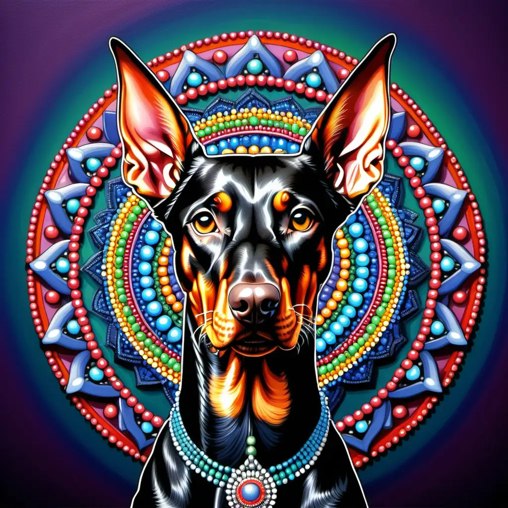 bright and vibrant shades, no gray. Highly detailed illustrated portrait of doberman pinscher. Symmetrical mandala with beads in background